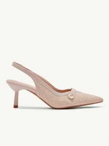 CUCCOO CHICEST Women's Pointed Toe Faux Pearl Buckle Woven Upper Mid-Heel Pumps, Comfortable & Elegant Commuter Shoes, Available In Pink & Apricot, Suitable For Commute, Romantic Dates, Afternoon Tea Spring Shoes Spring Break Easter Prom Heels