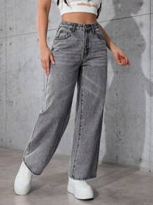 SHEIN PETITE Casual Distressed Straight-Leg Denim Jeans - Light Grey - View 6