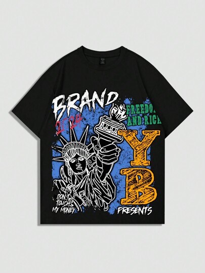 Street Life Herren Lässiges Kurzarm T-Shirt mit Freiheitsstatue & Buchstaben Grafik