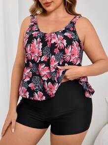 SHEIN Swim Conjunto de 2 piezas de traje de baño talla grande para verano, con Bottom tipo short y top de tirantes con moño, estampado tropical aleatorio y parches en color negro