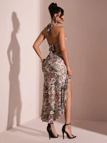 SHEIN BAE 优雅女士豹纹连衣裙，露背领，前开衩，高开衩，荷叶边下摆，适合度假、派对、浪漫约会、与朋友聚会、鸡尾酒会 - 彩色 - 查看 2