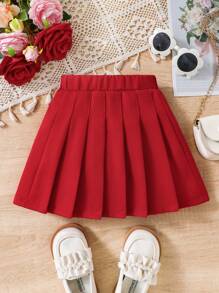 SHEIN Elladie kids 年轻女孩纯色褶皱简约 A 字红色裙子，休闲与度假 - 紅色 - 查看 7