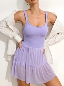 Activina Women Simple Solid Color Mesh Spaghetti Strap Lilac Sport Dressathletic Dress - Purple - View 1