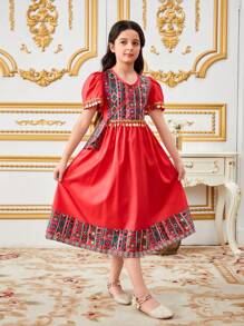 SHEIN Tween Girl Elegant Luxurious Retro Printed Gold Sequin Decorated Long Dress - Red - View 1