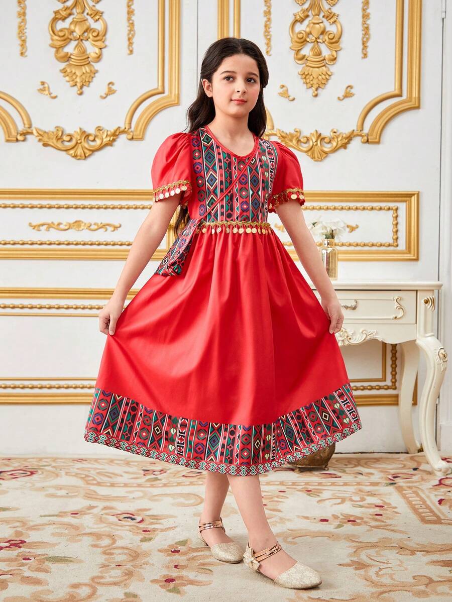 SHEIN Tween Girl Elegant Luxurious Retro Printed Gold Sequin Decorated Long Dress - Red - View 1