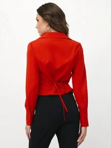 Flirla Blusa de manga larga ajustada con cuello en V y calado, atuendo de oficina de moda para mujer