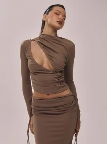 MUSERA 性感撩人镂空褶皱长袖上衣，秋季外出必备单品，浪漫迷人。 - 棕色 - 查看 1