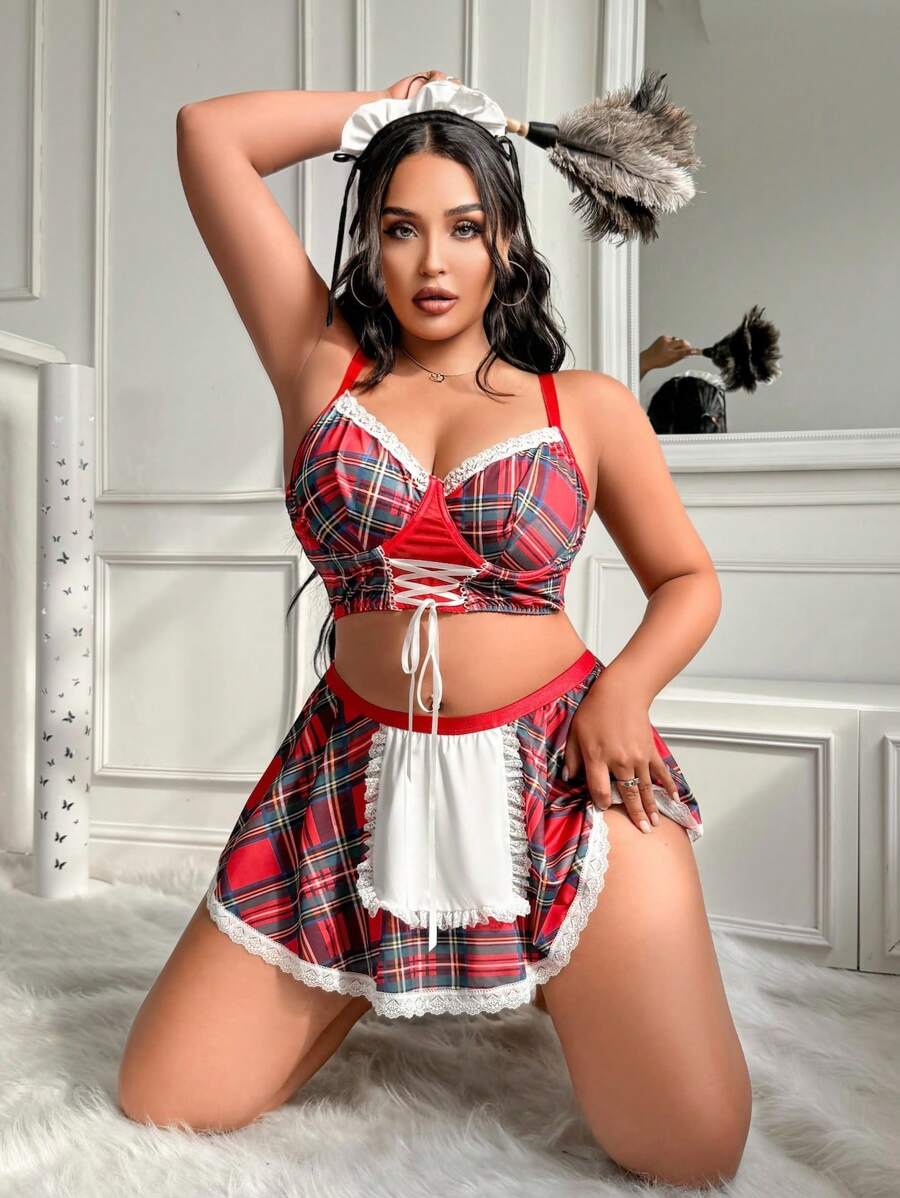 Plus Size Sweet & Cute Series Lace Patchwork Sexy Lingerie 3-Piece Set