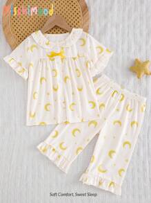 Young Girl Moon & Star Print Ruffle Hem Open Front Short Sleeve Pajama Set, Suitable For Family Gatherings - Yellow - View 8