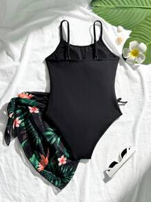 Tween Girls One-Piece Swimsuit With Mesh Skirt, 2pcs Casual Printed Swimwear Set - Black - View 4