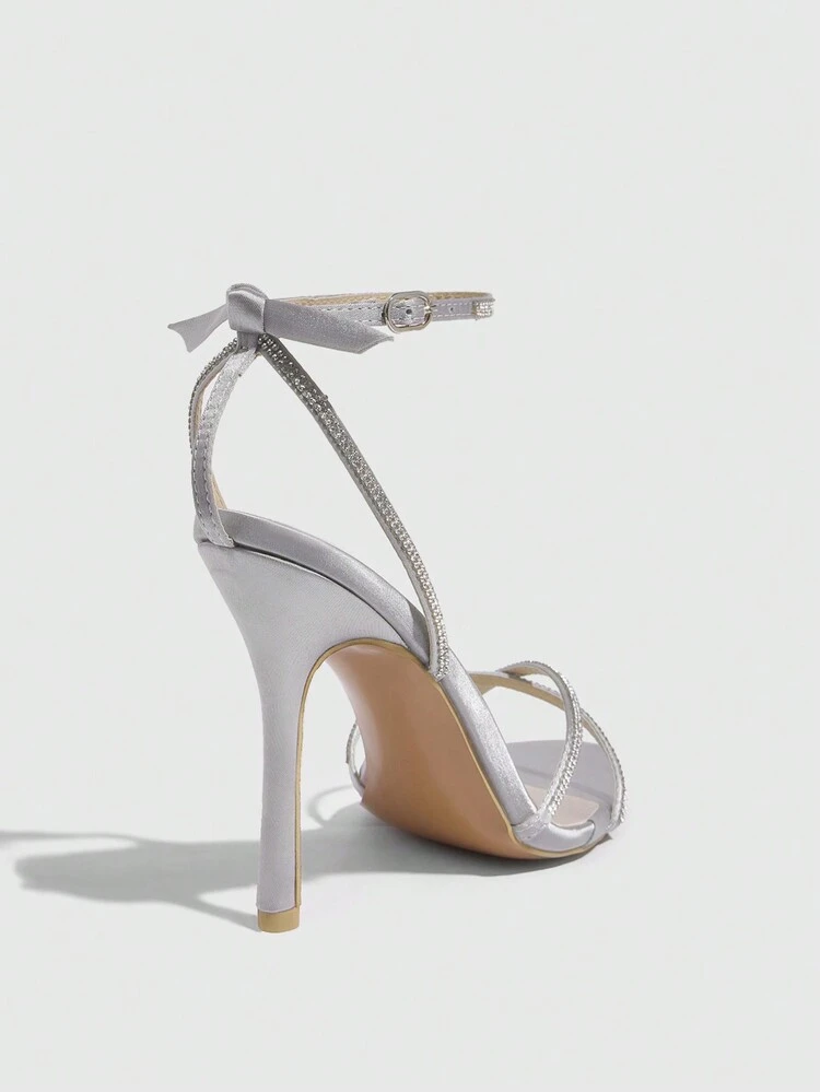 CUCCOO SZL Gray Women's Pointed Toe High Heel Sandals With Rhinestone Strappy Crisscross Design, Elegant Sexy Luxury Style For Party, Date, Valentine's Day