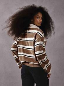 Athîral Women's Earthy Brown Striped Polo Collar Sweatshirt: Casual Long Sleeve Top In Fall/Winter - Coffee Brown - View 2