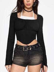 ROMWE Camiseta de mujer con cuello halter con cordones, pliegues en el pecho y mangas acampanadas, estilo retro americano Y2K, para looks de verano o primavera