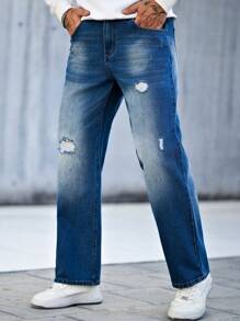 Manfinity Homme 男士简约直筒破洞口袋牛仔裤，休闲日常穿着