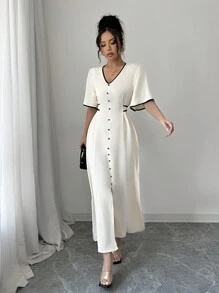 Elenzga Women's New Spring/Summer Design Sense Apricot Contrast Black V-Neck, Ruffled Sleeves, Contrast Drawstring Belt, A-Line Silhouette, Slimming, Slit, Casual Holiday, High-End Elegant Elegant Dress - Apricot - View 6