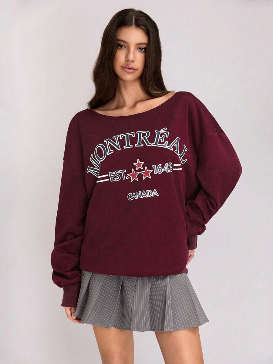 SHEIN Unity Sudadera con cuello caído y estampado de letras de tres vías Ankhara para otoño - Rojo - Ver 1
