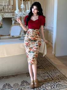 DAZY 女士优雅撞色拼接泡泡袖V领中长连衣裙，夏季碎花舞会礼服，返校季复活节服装 - 紅色 - 查看 4