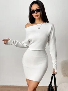 SHEIN EZwear Women's Solid Color Oblique Shoulder Long Sleeve Minimalist Bodycon Short Sweater Dress - White - View 8