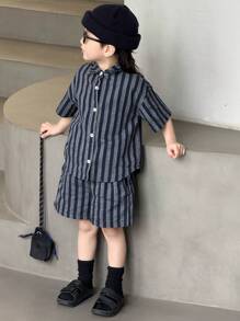 Dazy Kids 2 件套男童条纹短袖衬衫和短裤休闲装夏季返校服