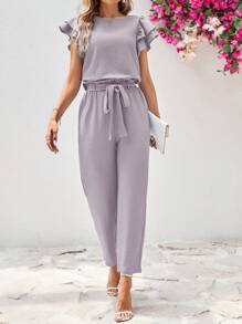 SHEIN Clasi Set de 2 piezas para mujer: Blusa de cuello redondo con volante en mangas cortas y pantalón con cinturón desmontable