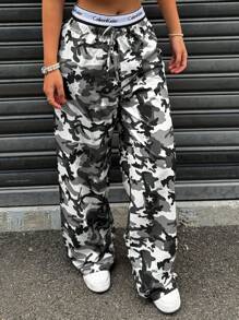 SHEIN PETITE CURVE 休闲迷彩印花抽绳腰阔腿裤 - 灰色 - 查看 3