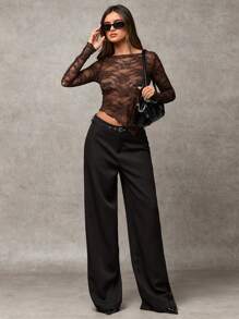 SHEIN BAE 蕾丝上衣，乡村音乐会夏季女士外出上衣，音乐会女士 - 咖啡棕 - 查看 5