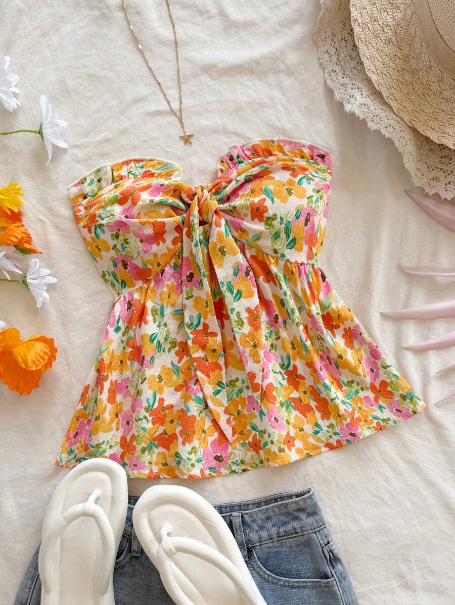 Soleia 春夏女士度假蜡笔色印花抹胸上衣，饰有荷叶边、前系蝴蝶结和腰部镂空拼接，适合情人节、度假、婚礼、夏季、狂欢节、生日等场合穿着。