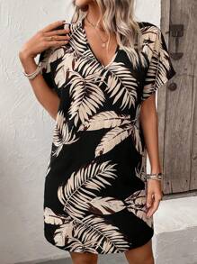 Breezaya Tropical Print Batwing Sleeve Dress Vacation Beach Outfits Women - Black - View 3
