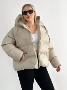 RueChic Plus Solid Zip Up Hooded Padded Coat - Apricot - View 3