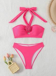 SHEIN Swim 优雅 3D 花卉装饰吊带夏季泳装比基尼套装，休闲沙滩装 - 玫紅色 - 查看 1