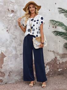 EMERY ROSE 2pcs Women's Vacation Casual Polka Dot Print Top And Pants Set - Multicolor - View 6