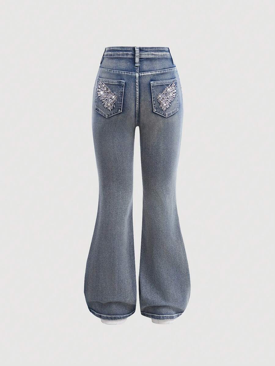 SHEIN Girlism 青少年女孩 Y2K 时尚刺绣串珠石洗牛仔喇叭裤带口袋，女孩秋装返校音乐会服装