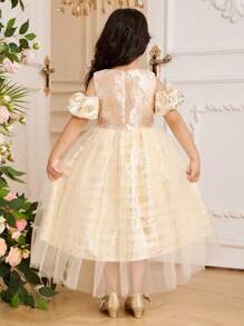 Glamorique Kids Vestido de fiesta azul de jacquard sin mangas elegante para niña, de tela con textura de alta calidad, vestido de princesa con tul sofisticado, adecuado para fiestas de lujo, actuaciones y ocasiones especiales - Albaricoque - Ver 2