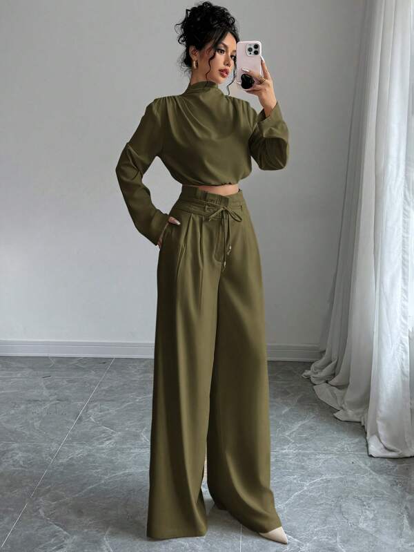 Firerie Women's Olive Green Elegant Autumn Two Pieces Set,Stacked Collar Long Sleeve Shirt Top And Wide Leg Trousers For Brunch,Commute,Casual,Holiday