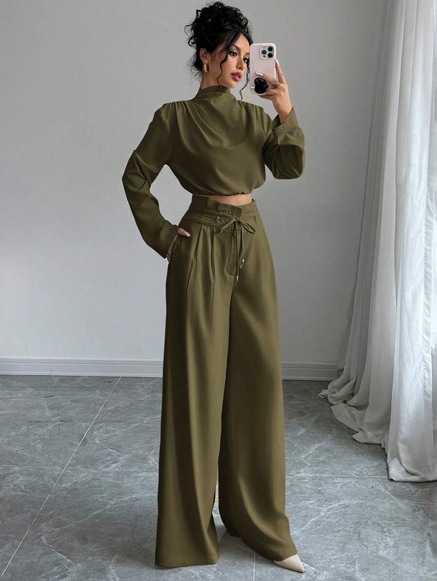 Firerie 女款绿色优雅叠领衬衫上衣阔腿裤两件套，轻盈舒适长裤套装，不对称无袖上衣两件套，教师节两件套，通勤长袖上衣两件套，女士两件套，优雅通勤休闲度假两件套