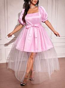 Celure Plus Size Solid Color Mesh Patchwork Front Tie Short Sleeve Simple Elegant Dress,Valentine Wedding Day Wedding Guest