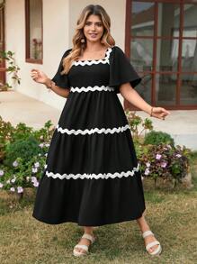 SHEIN LUNE Wave-Patterned Contrast Color Flowy Ruffle Sleeve Long Dress, Plus Size Boho Cowgirl Outfit Old Money Festival Bohemian Western Wear Women Hippie Summer Boho Old Money Summer Outfits For Women Spring Break Rave Outfits Festival Spring Break Outfits - Black and White - View 3