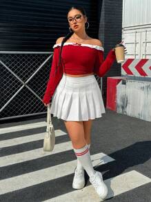 SHEIN EZwear Camiseta crop de manga larga de talla grande con hombros abiertos, lazo delantero y ribete de encaje en unicolor, estilo dulce primaveral