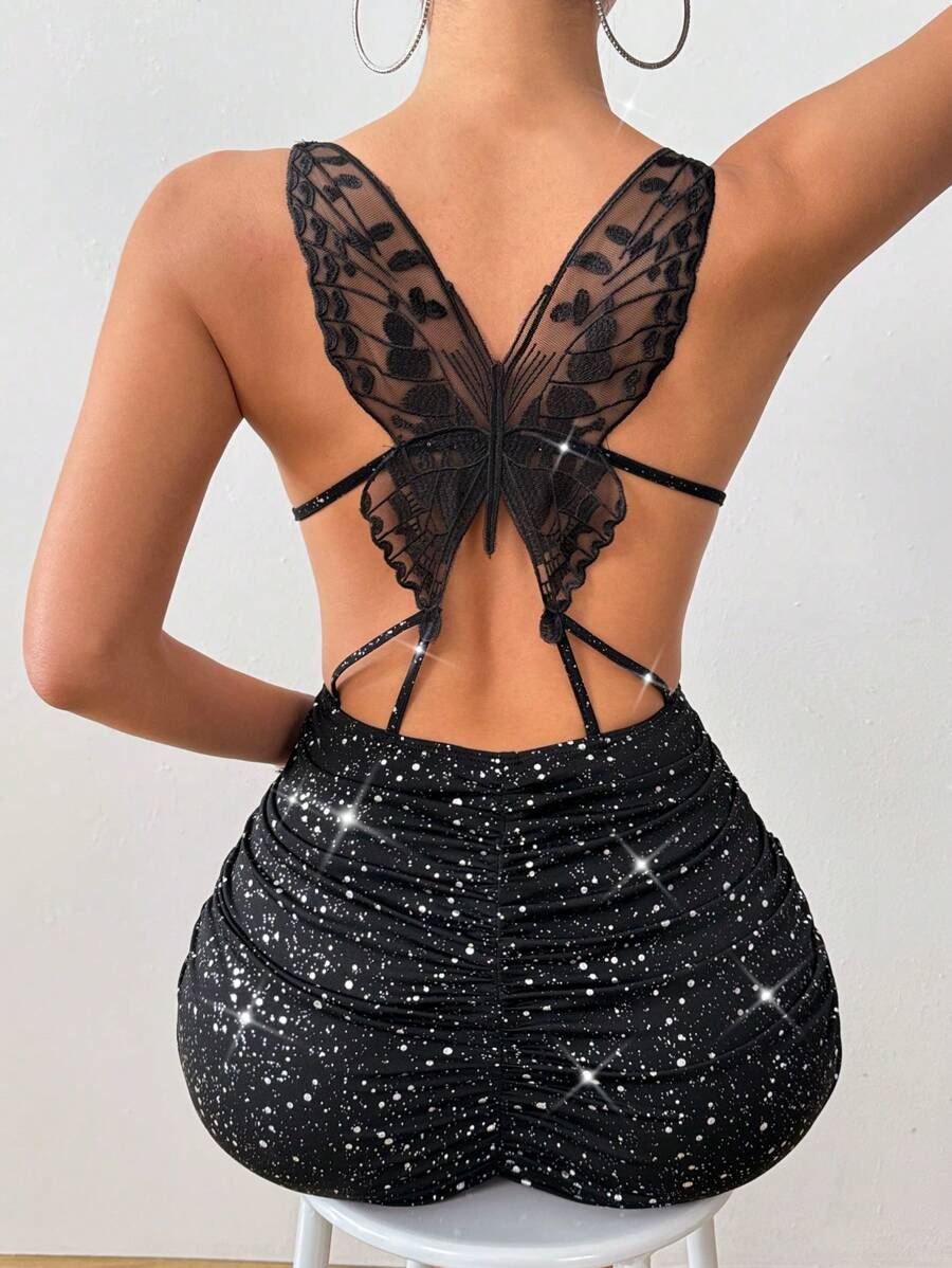 Zolique 露背网眼蝴蝶性感褶饰细肩带闪亮迷你连衣裙