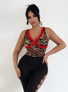 SHEIN SXY 女士时尚豹纹荷叶边吊带背心、情人节、夏季、猎豹印花、豹纹、情人节、外出上衣、可爱上衣、女士外出上衣、老款女士 - 彩色 - 查看 2