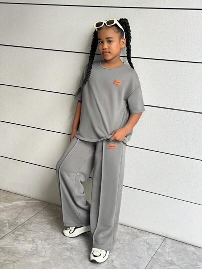 SHEIN Leap Crew Tween 女童休闲宽松落肩贴片短袖连帽衫和褶皱长款运动裤套装