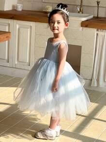 DAZY Young Girl Elegant Solid Color Mesh Patchwork Dress,Girls Summer Outfits - Blue - View 6