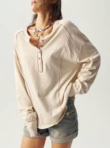 Bohemela Áo nỉ dài tay dáng rộng, dáng suông, dệt kim, màu trơn, hở vai, dành cho nữ vào mùa thu/đông - Màu be - Xem 5