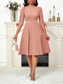 SHEIN Lady 优雅粉色泡泡袖腰连衣裙 - 藕粉色 - 查看 5