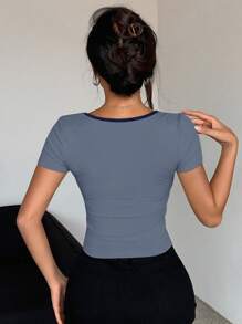 DAZY Women Contrast Trim Lace-Up Crew Neck Short Sleeve Slim Fit T-Shirt Summer,Crop Tops Women