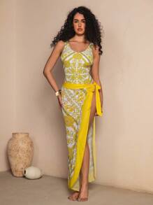 Swim Oasis 2pcs/Set Summer Beach Outfit Floral Print Backless Swimsuit With Wrap Skirt - Yellow - View 1