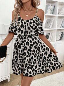 SHEIN Clasi Women's Leopard Print Shoulder Strap Ruffle Hem Strap Dress For Autumn Outing - Grey - View 5