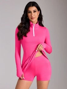 SHEIN Women's Zip Up Half-Zip Thumb Hole Sports Dress - Hot Pink - View 7