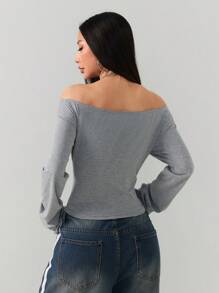 Coolane Camiseta básica de manga larga gris con hombros descubiertos para mujer, estilo primavera/verano Y2K