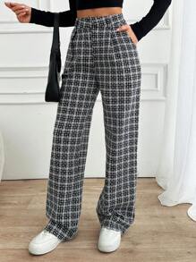 EURMUSE Women Check Pattern High Waist Straight Pants - Grey - View 4